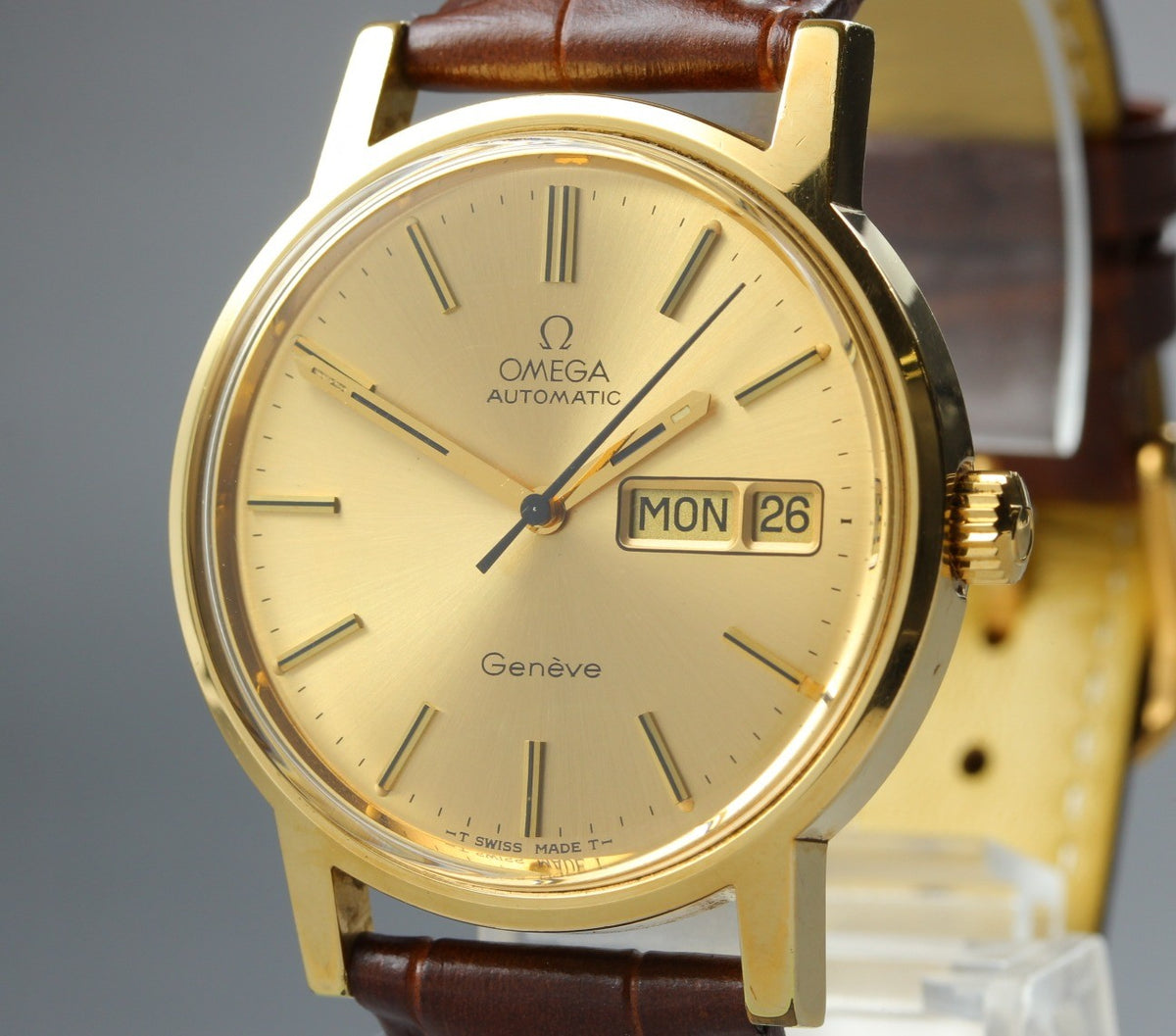 OMEGA Geneve Day-Date 166.0117 Cal.1022 Gold Brown 34mm AT Men's Watch Vintage