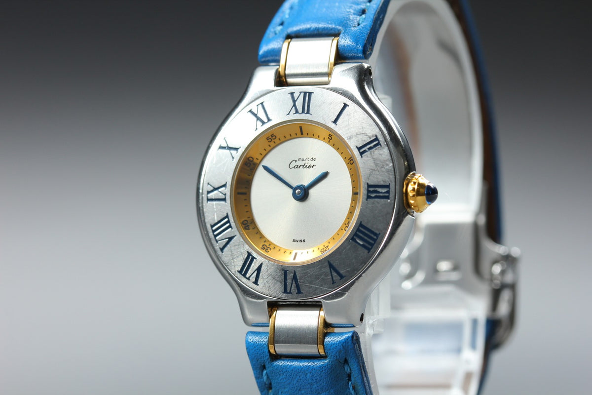 Cartier Must de Cartier 21 1340 Blue Silver 27mm Women's Qz Watch Vintage Pouch