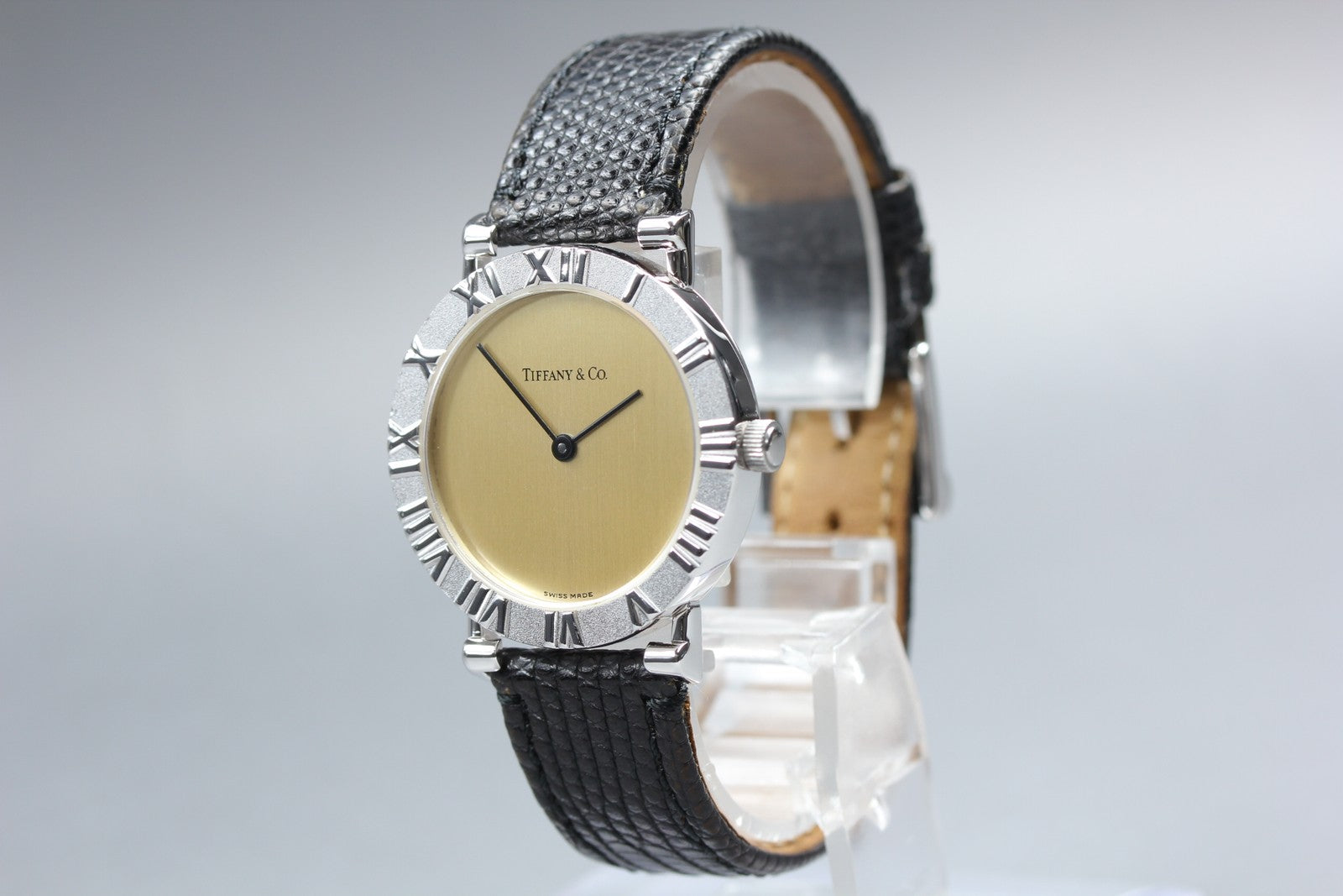 Tiffany & Co Atlas M0640 31mm Roman Silver Black Leather Unisex Quartz Watch