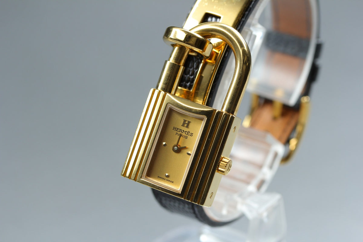HERMES Kelly Watch Gold Black Leather "=" Woman's Quartz Watch Vintage