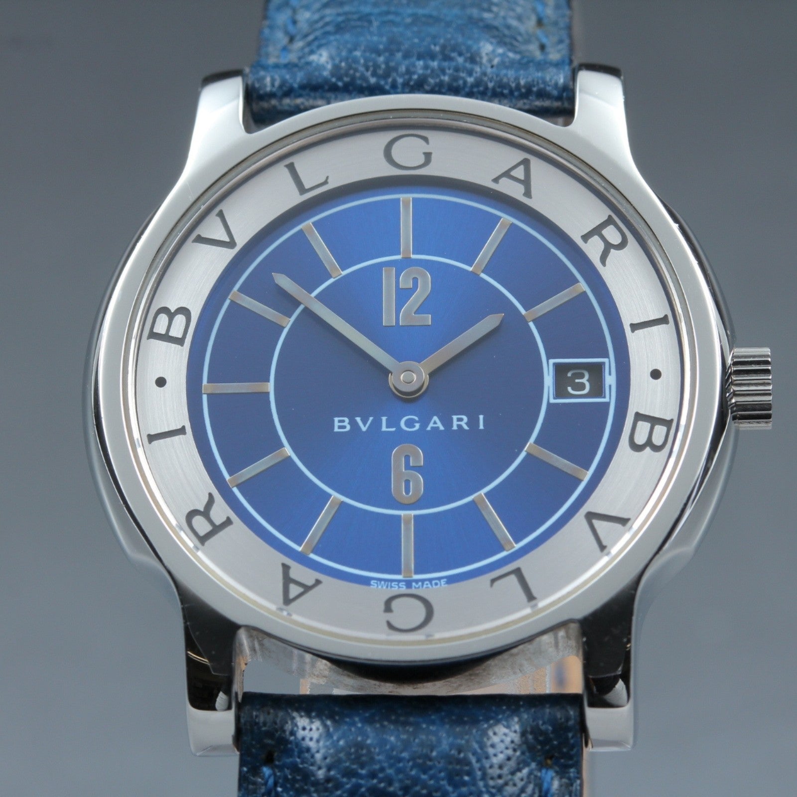 New Batt BVLGARI SOLOTEMPO ST35S Quartz Blue Men's Watch 35mm JAPAN Box