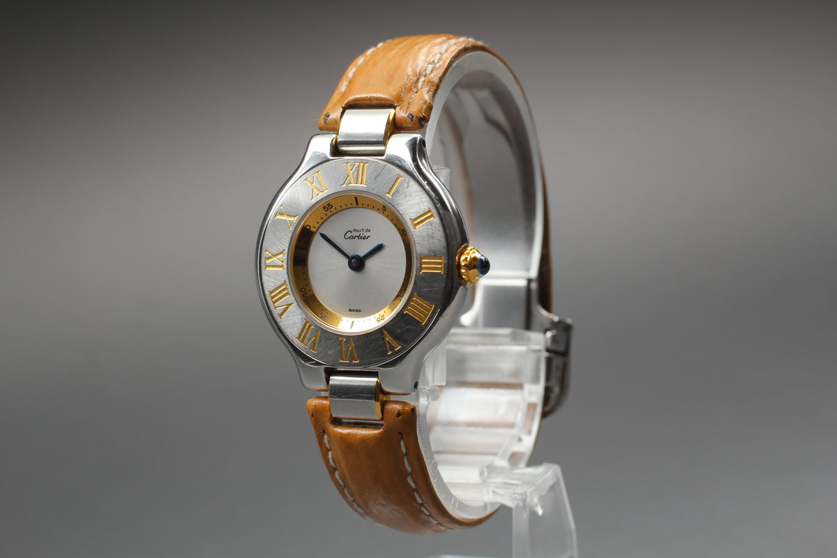 Vintage Cartier Must De 21 1340 Silver Quartz Women's Watch 27mm JAPAN Box