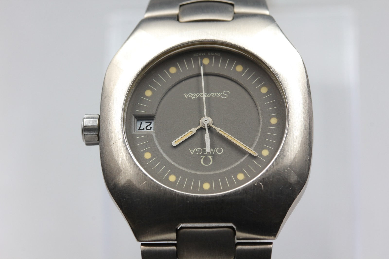 New Batt OMEGA Seamaster Polaris Cal.1430 Gray Quartz Date Boy's Watch 31mm JP