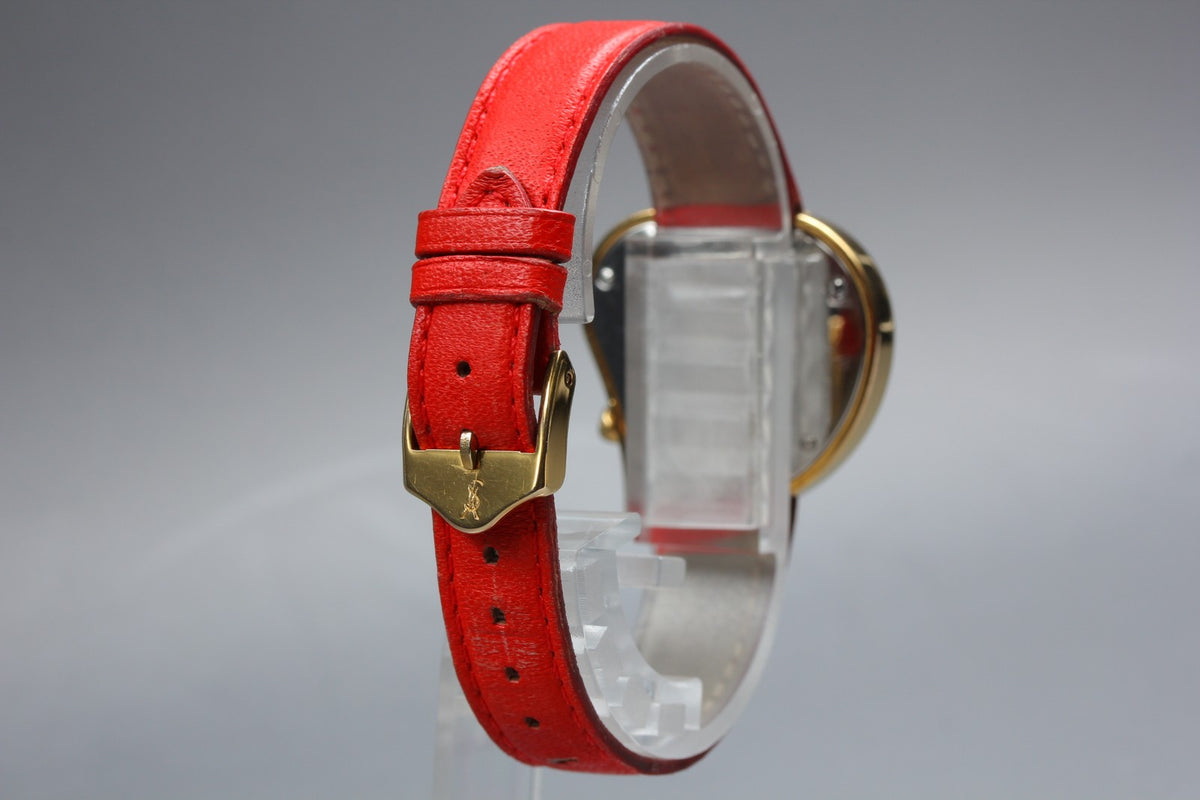 Yves Saint Laurent Heart Gold Red Leather 30mm Women's Watch Quartz Vintage