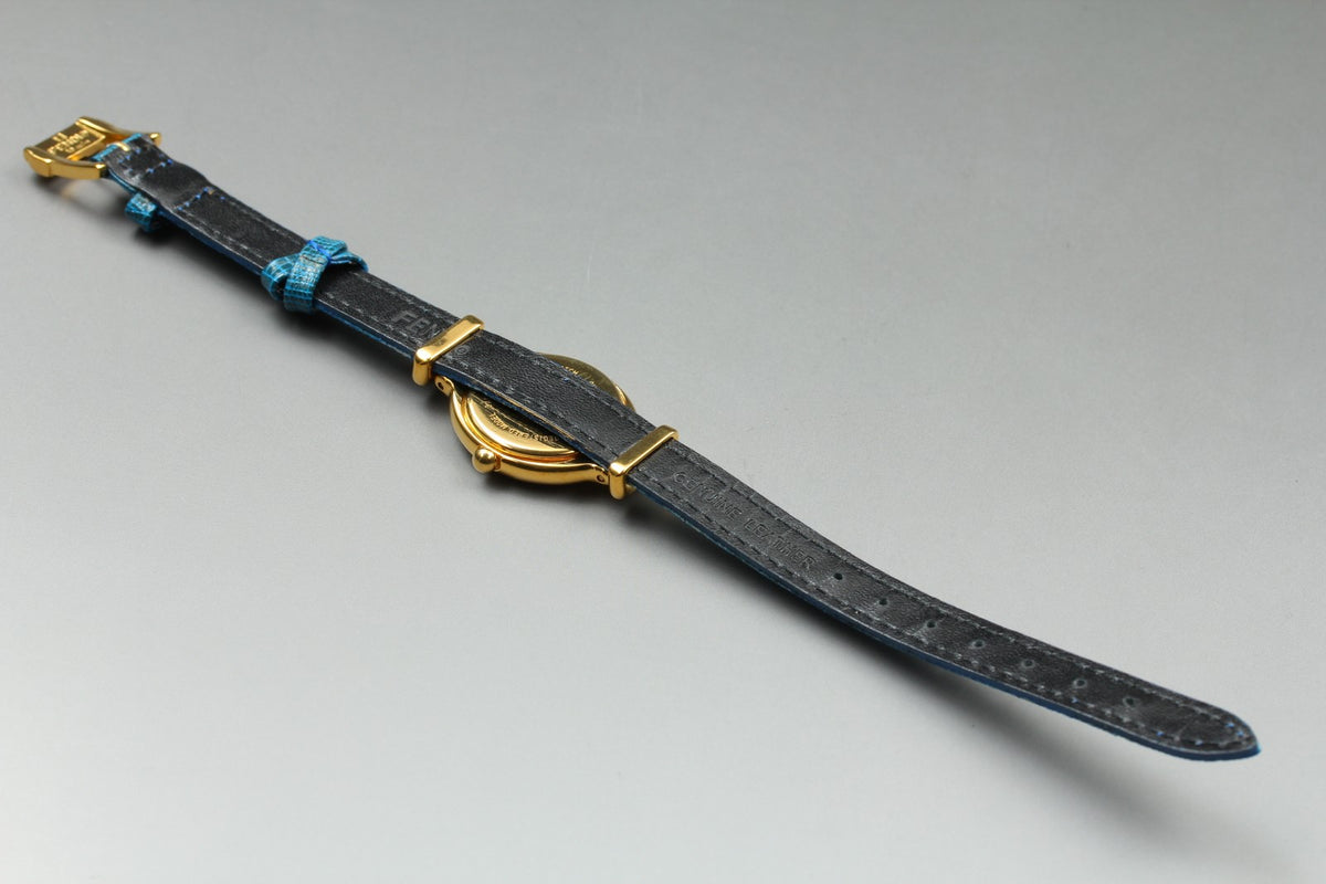 FENDI 640L Chameleon Blue Leather Belt Gold 24mm Women's Quartz Watch Vintage