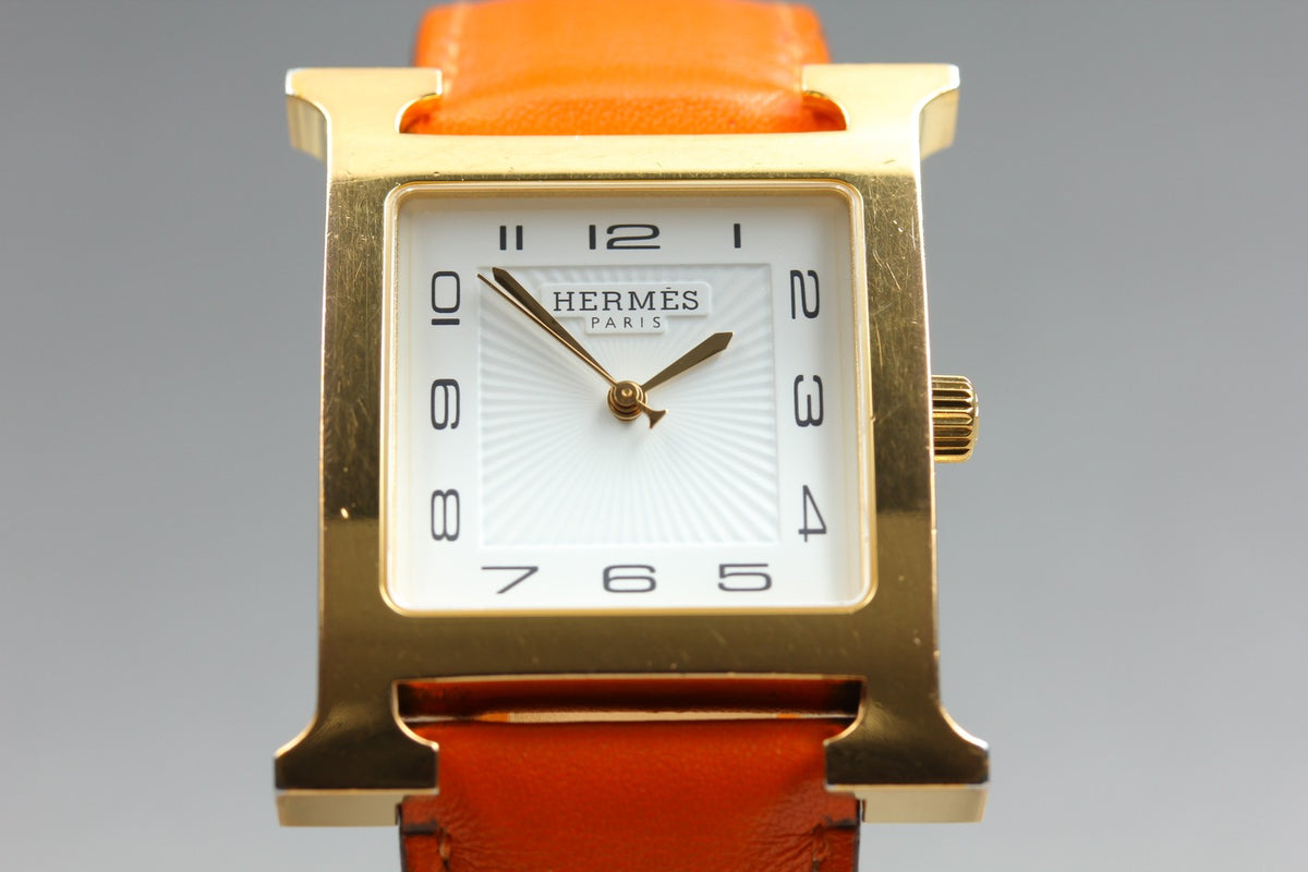 HERMES H Watch HH1.801 White Dial Gold Orange Leather Man's Watch Quartz