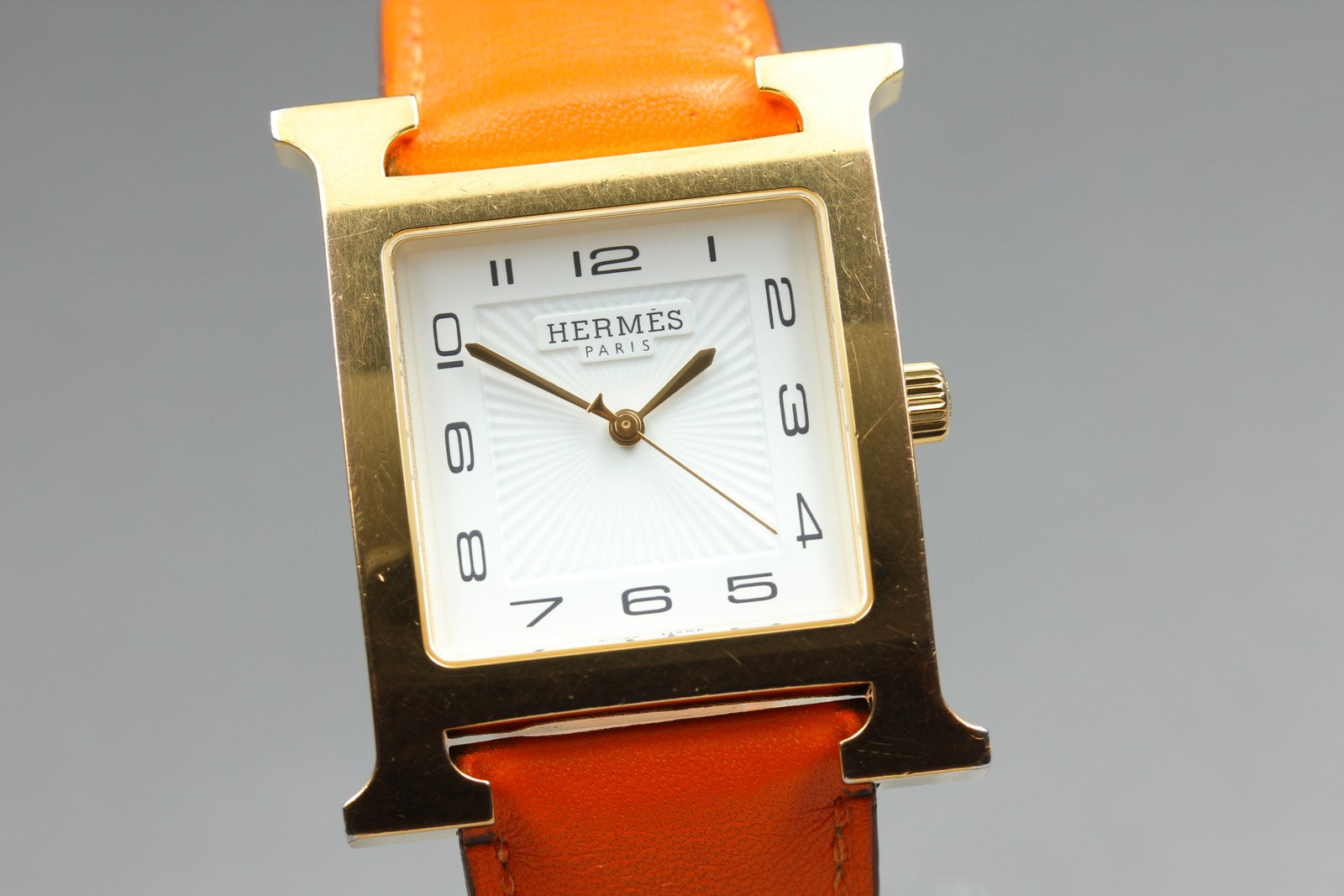 HERMES H Watch HH1.801 White Dial Gold Orange Leather Man's Watch Quartz