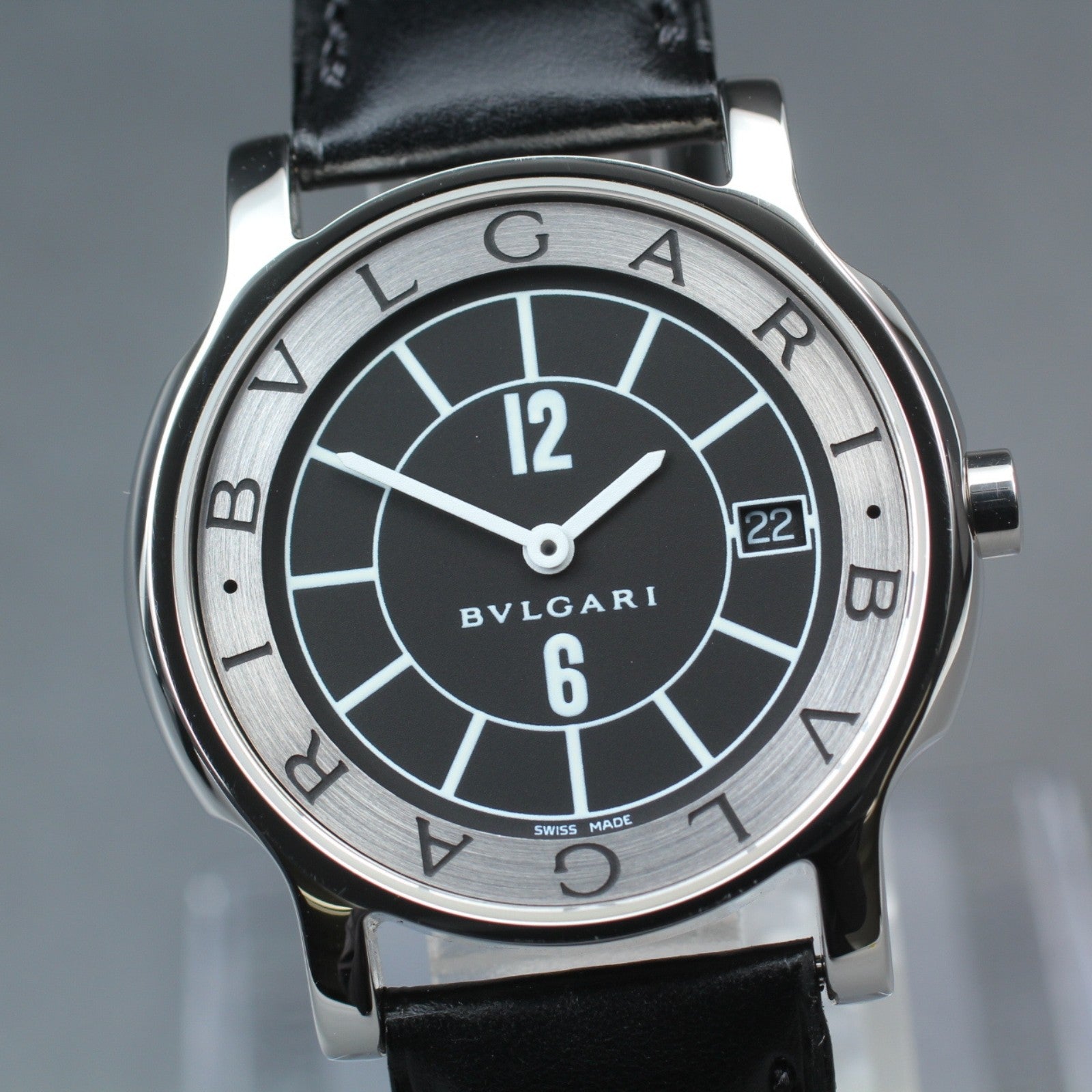 New Batt BVLGARI Solotempo ST35S Quartz Black Dial Date Men's Watch 35mm *N MINT