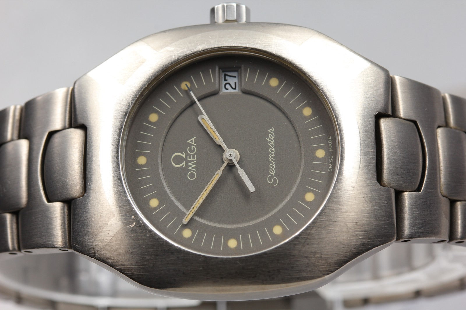 New Batt OMEGA Seamaster Polaris Cal.1430 Gray Quartz Date Boy's Watch 31mm JP