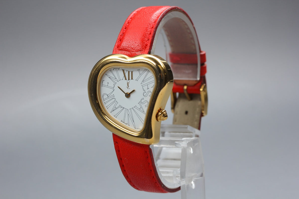 Yves Saint Laurent Heart Gold Red Leather 30mm Women's Watch Quartz Vintage