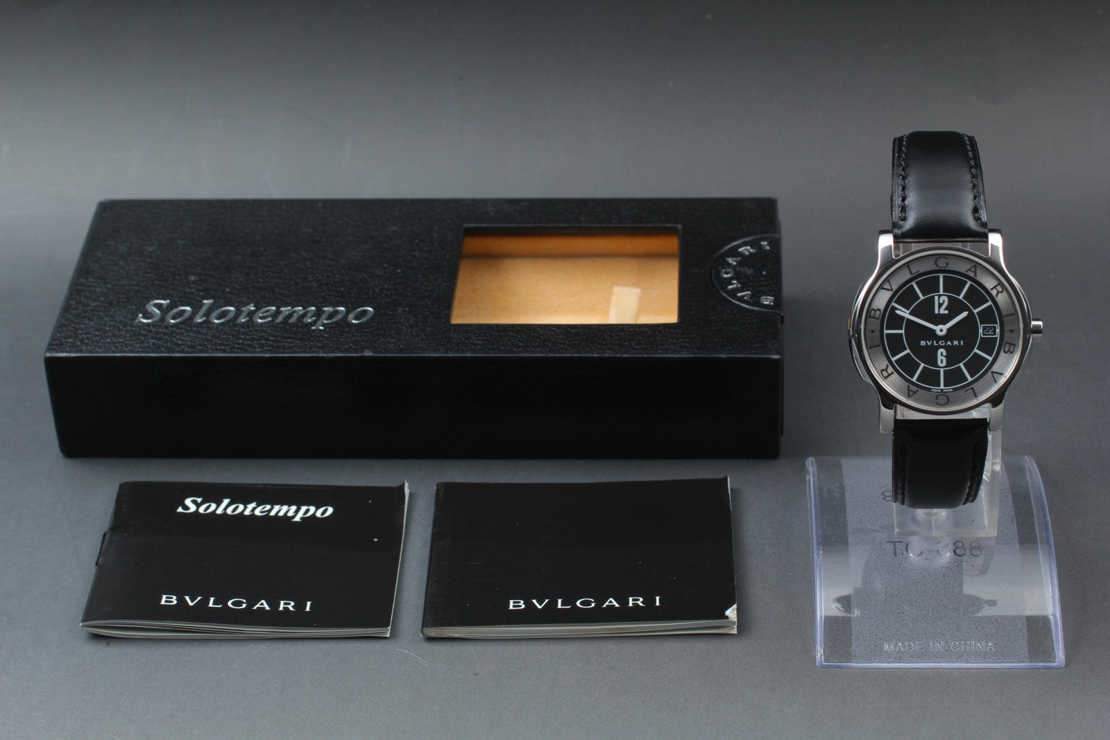 New Batt BVLGARI Solotempo ST35S Quartz Black Dial Date Men's Watch 35mm *N MINT