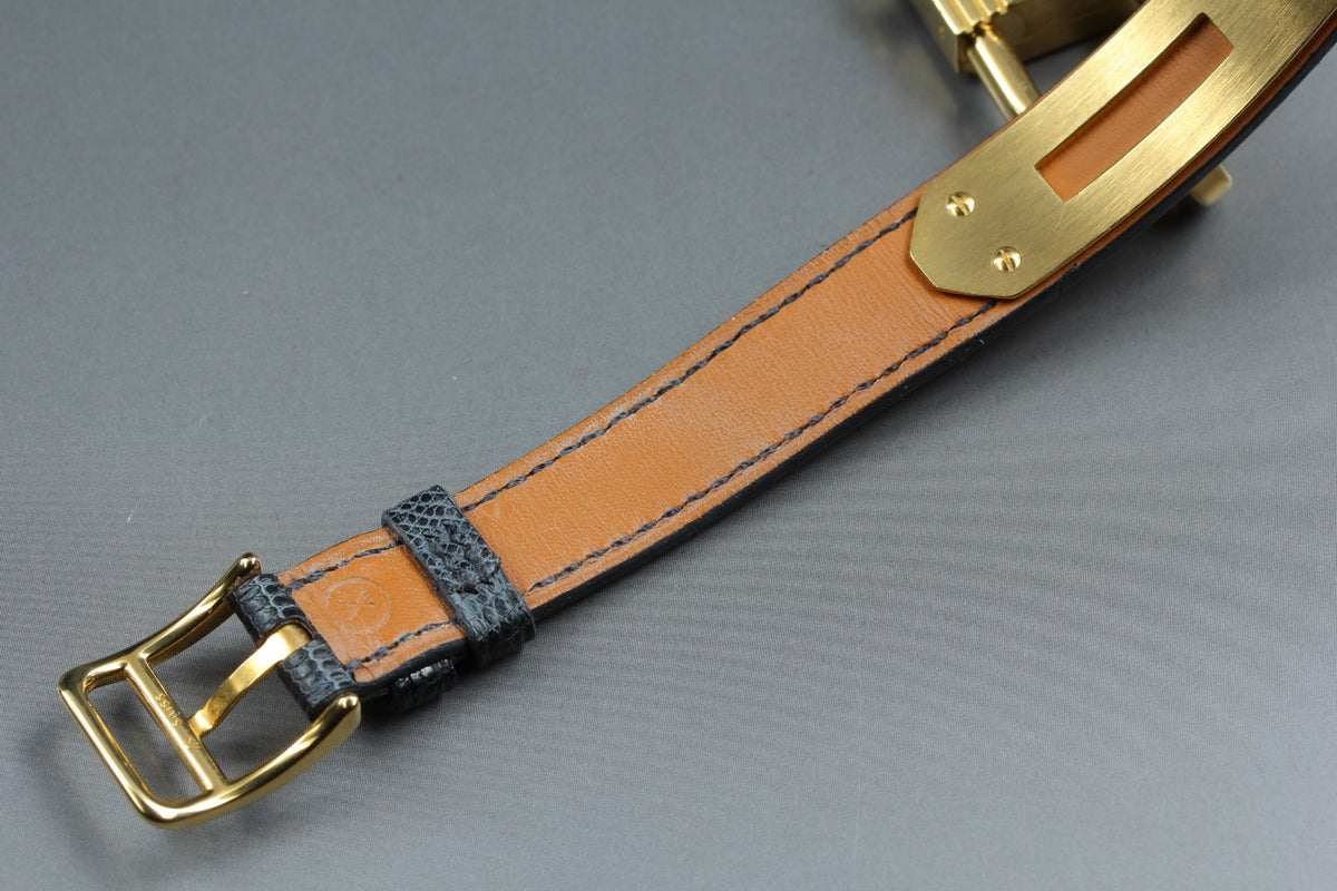 HERMES Kelly Watch Gold Black Leather "=" Woman's Quartz Watch Vintage