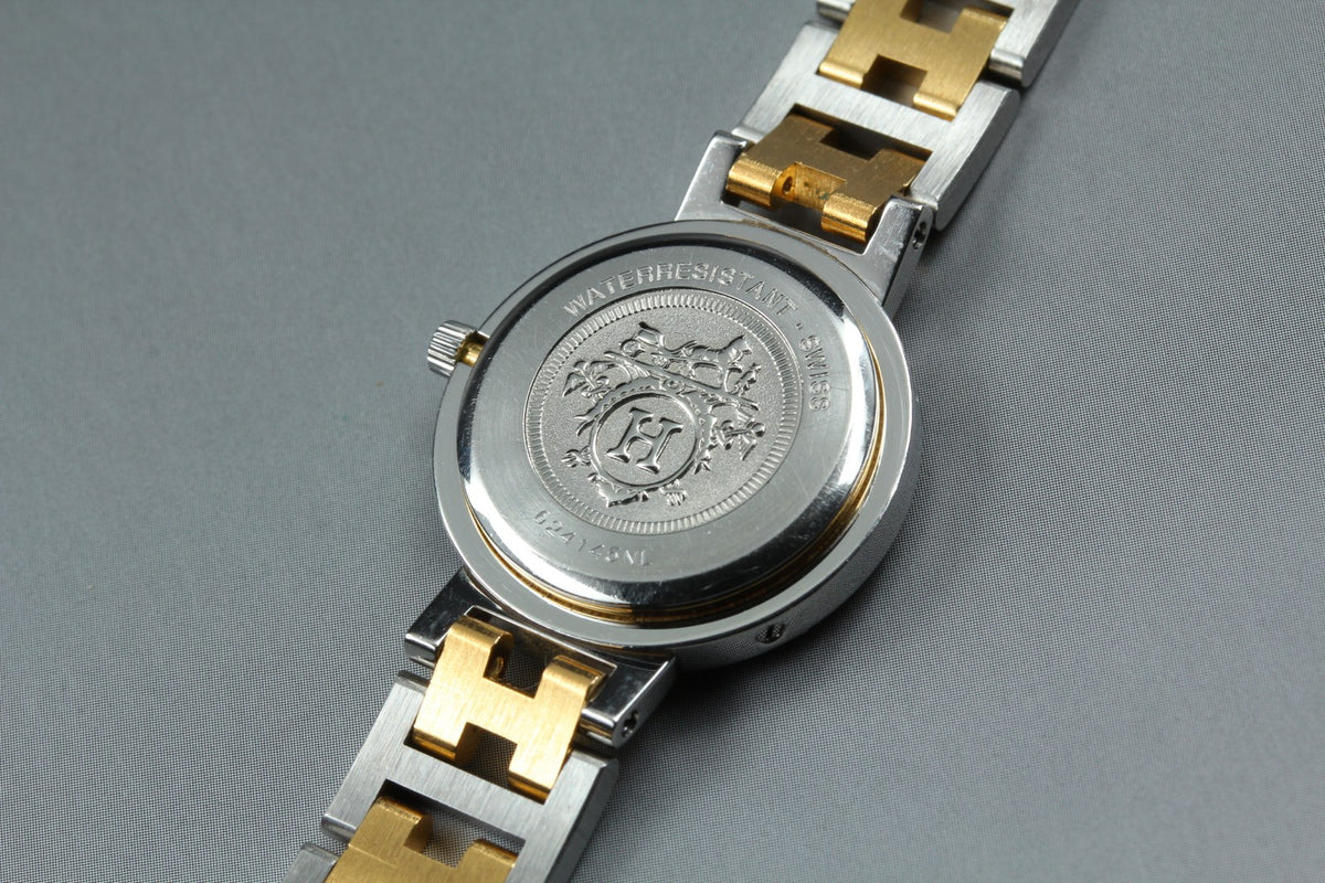 HERMES Clipper White Dial Gold Bracelet 24mm Woman's Quartz Watch Vintage