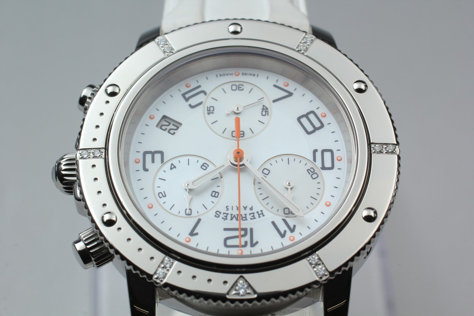 New Batt HERMES Clipper CP2.430 Quartz White Chronograph Men’s Watch 36mm JP Box