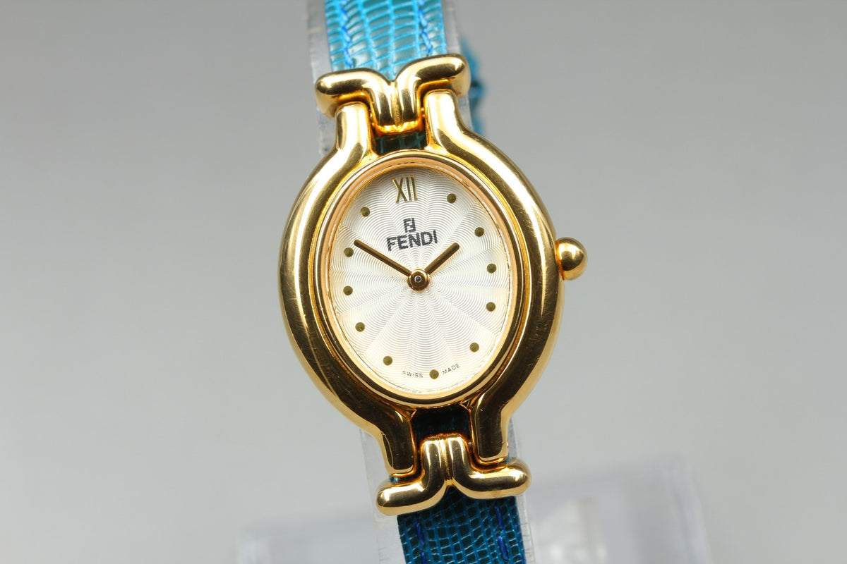 FENDI 640L Chameleon Blue Leather Belt Gold 24mm Women's Quartz Watch Vintage