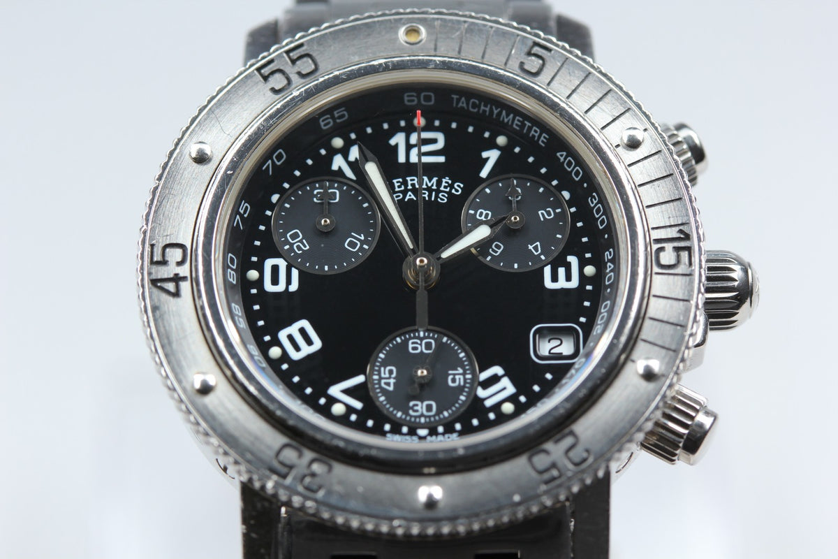 HERMES Clipper Diver Chronograph CL2.310 Quartz Black Women's Watch 33mm JAPAN