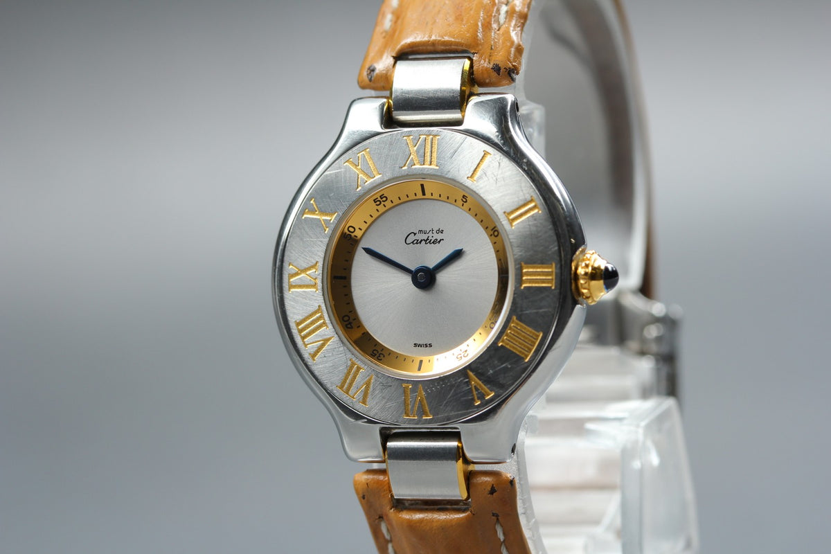 Vintage Cartier Must De 21 1340 Silver Quartz Women's Watch 27mm JAPAN Box