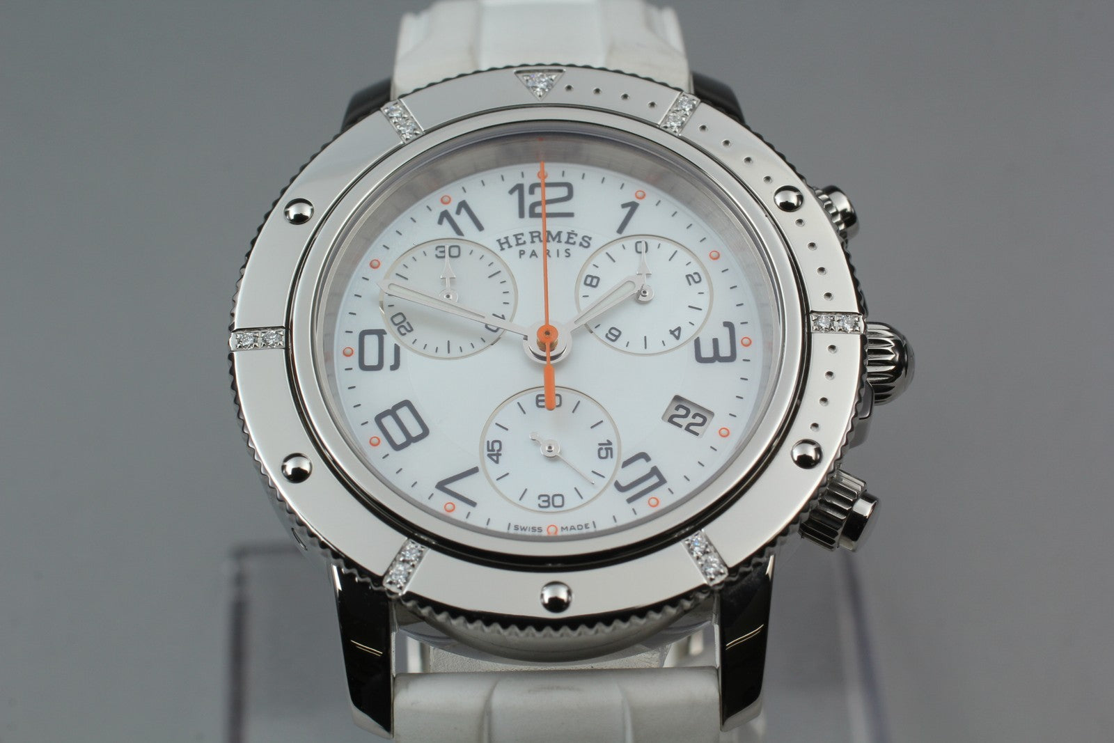 New Batt HERMES Clipper CP2.430 Quartz White Chronograph Men’s Watch 36mm JP Box