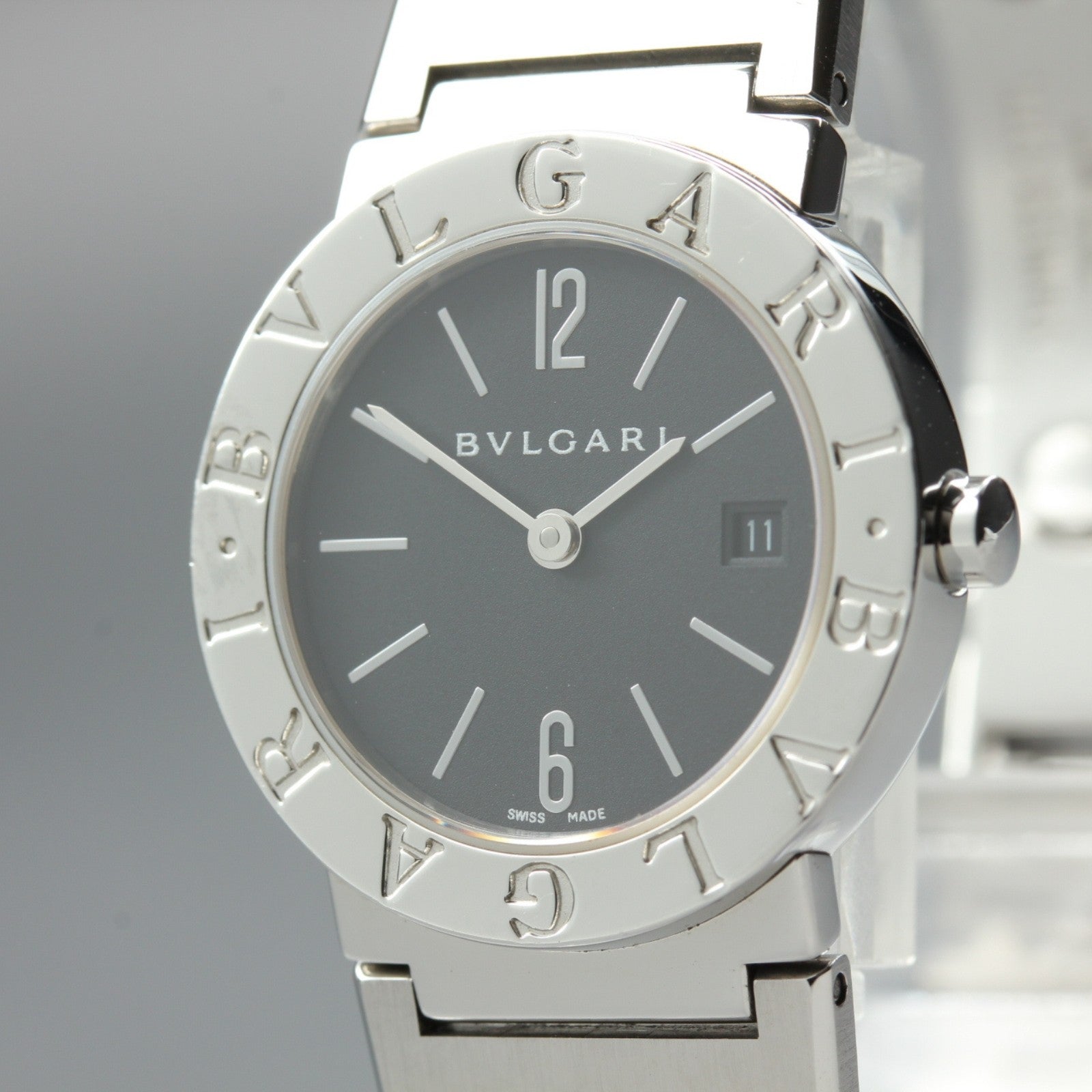 New Batt BVLGARI BB26SS Black Dial Quartz Date Women's Watch 26mm Used JAPAN