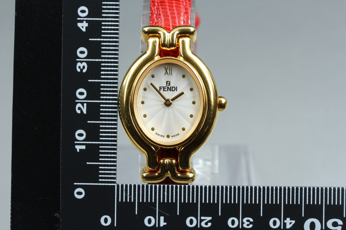 FENDI 640L Chameleon Red Leather Belt Gold 24mm Women's Quartz Watch Vintage