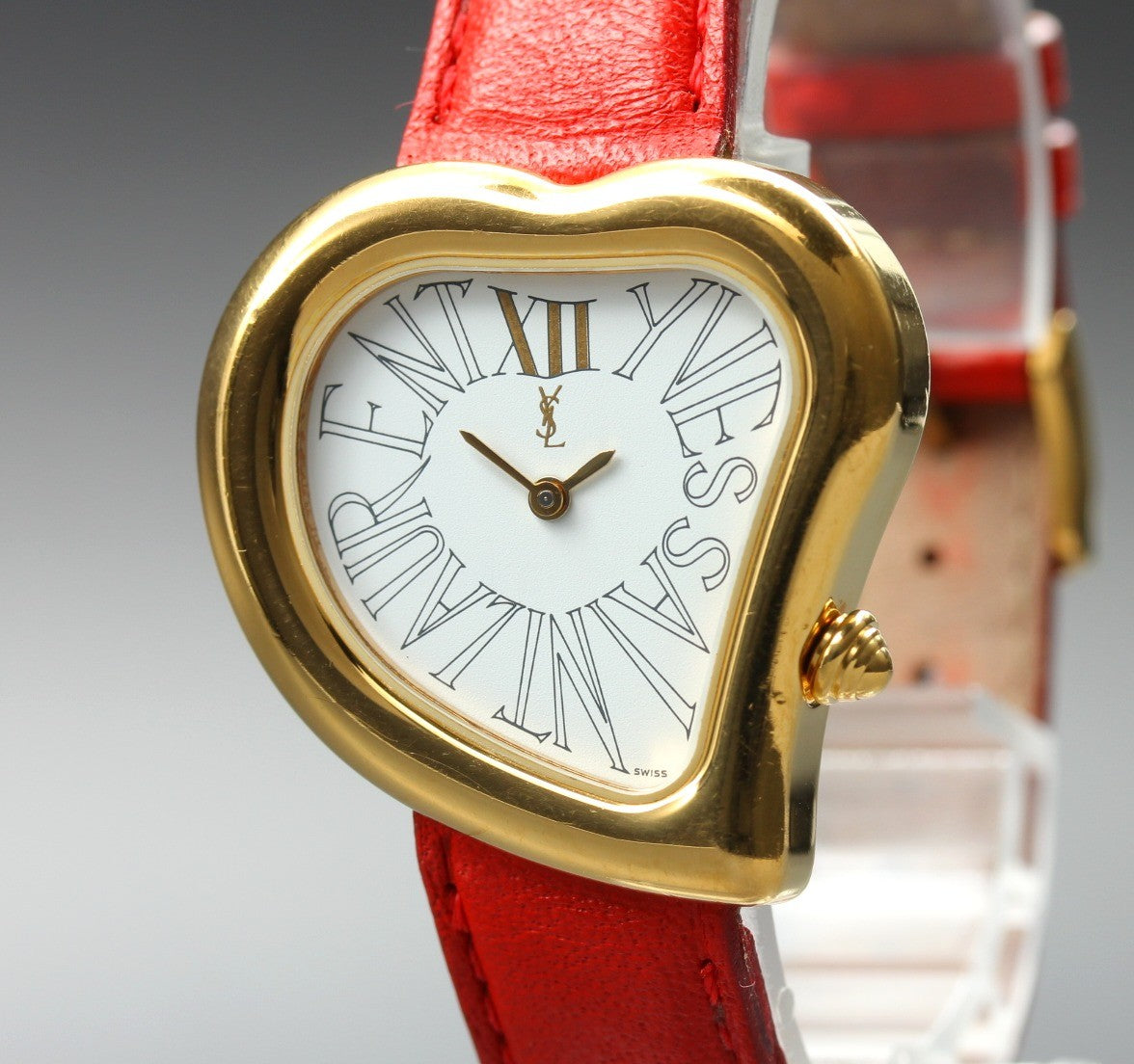 Vintage Yves Saint Laurent Heart Gold Red Leather 30mm Women's Watch Quartz