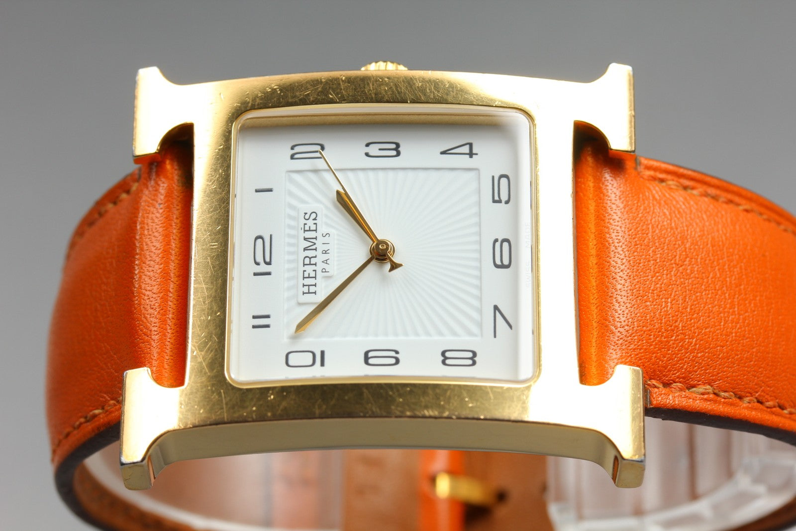 HERMES H Watch HH1.801 White Dial Gold Orange Leather Man's Watch Quartz