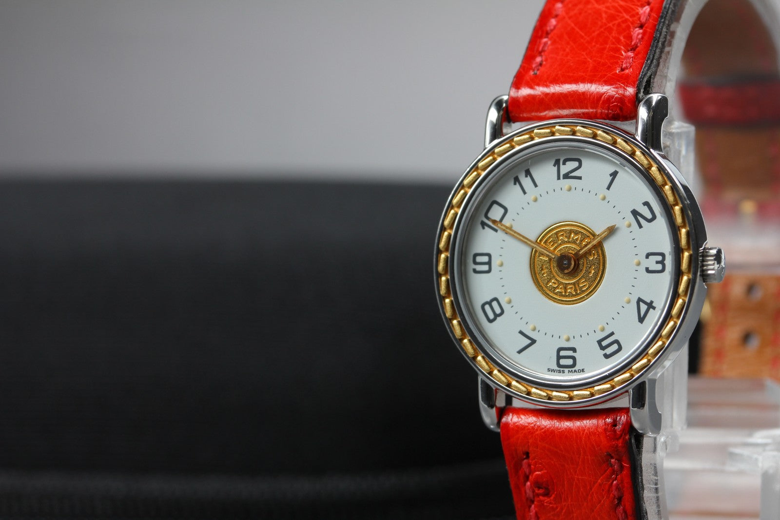 Vintage HERMES Sellier White Dial Red "T" 24mm Woman's Quartz Watch