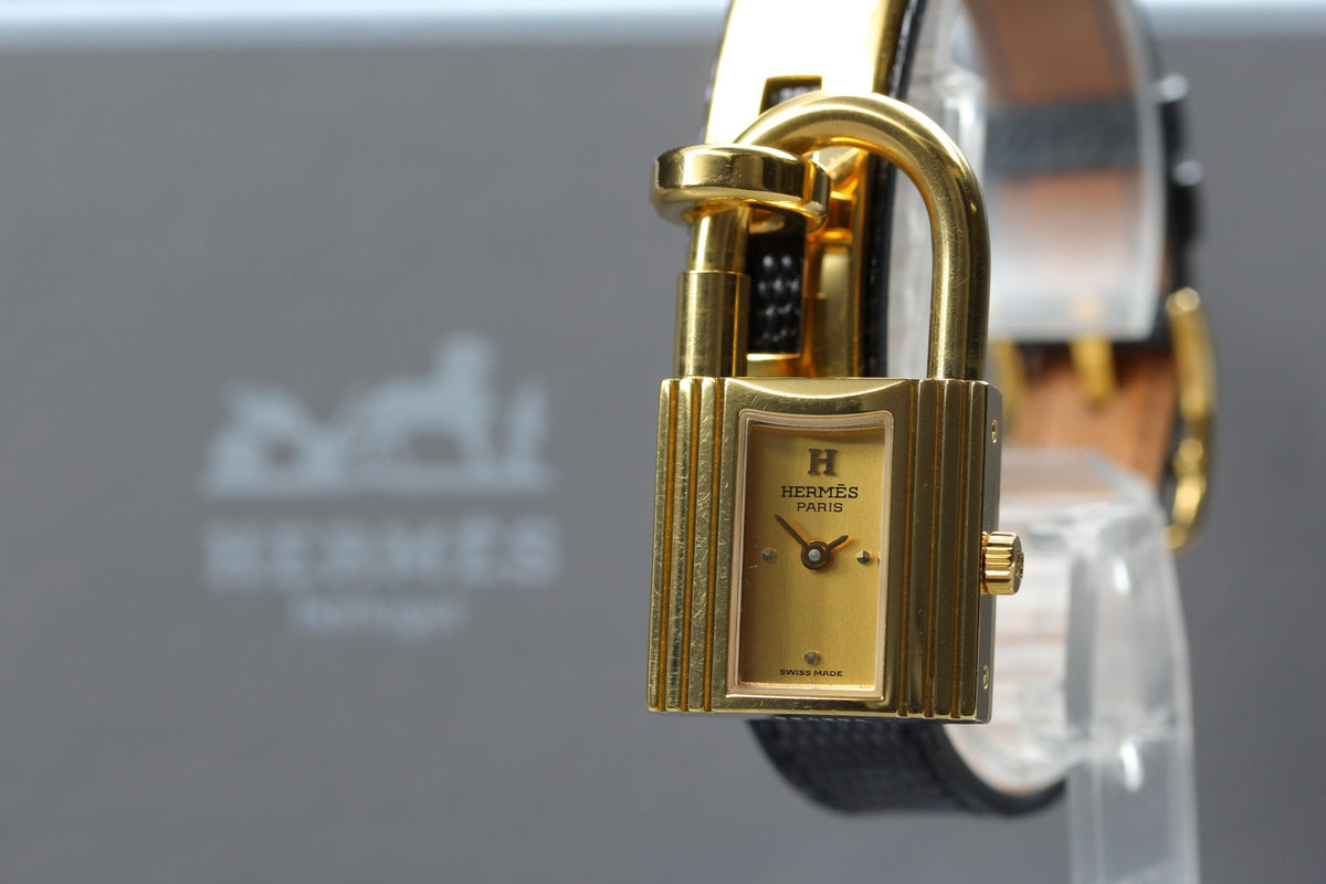 HERMES Kelly Watch Gold Black Leather "=" Woman's Quartz Watch Vintage