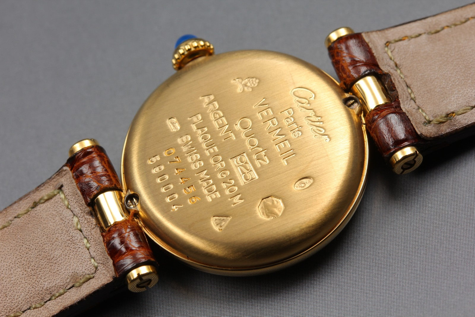 Vintage Cartier Must Vendome Vermeil 590004 Gold 23mm Brown Women's Qz Watch