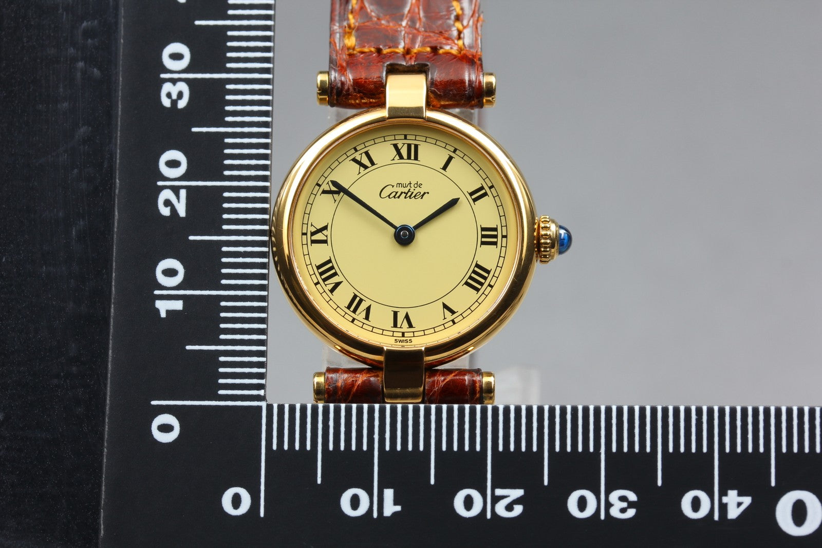 Vintage Cartier Must Vendome Vermeil 590004 Gold 23mm Brown Women's Qz Watch