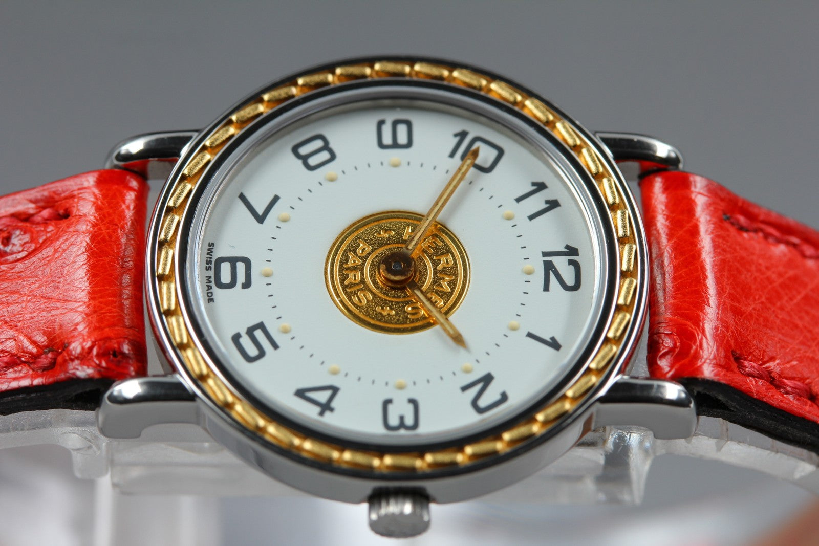 Vintage HERMES Sellier White Dial Red "T" 24mm Woman's Quartz Watch
