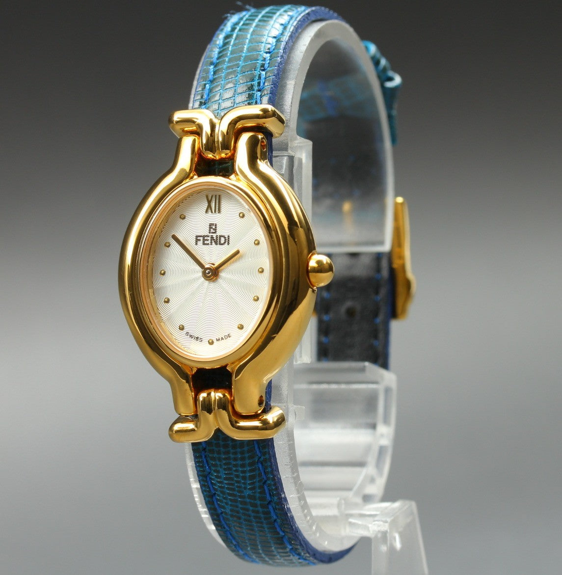FENDI 640L Chameleon Blue Leather Belt Gold 24mm Women's Quartz Watch Vintage