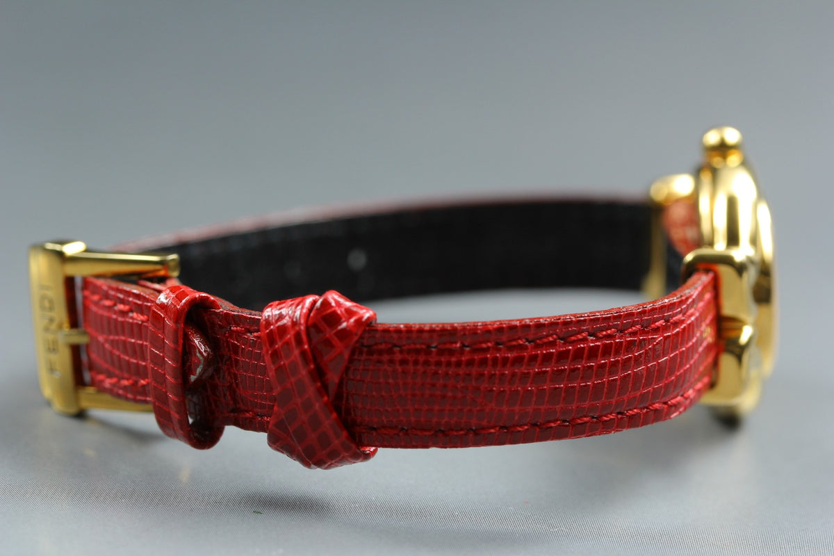 FENDI 640L Chameleon Red Leather Belt Gold 24mm Women's Quartz Watch Vintage