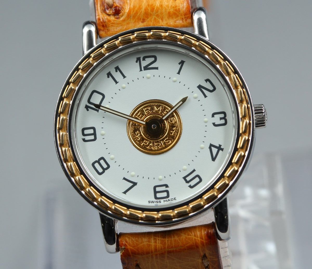HERMES Sellier SE4.220 White Dial Brown 24mm Woman's Quartz Watch Vintage