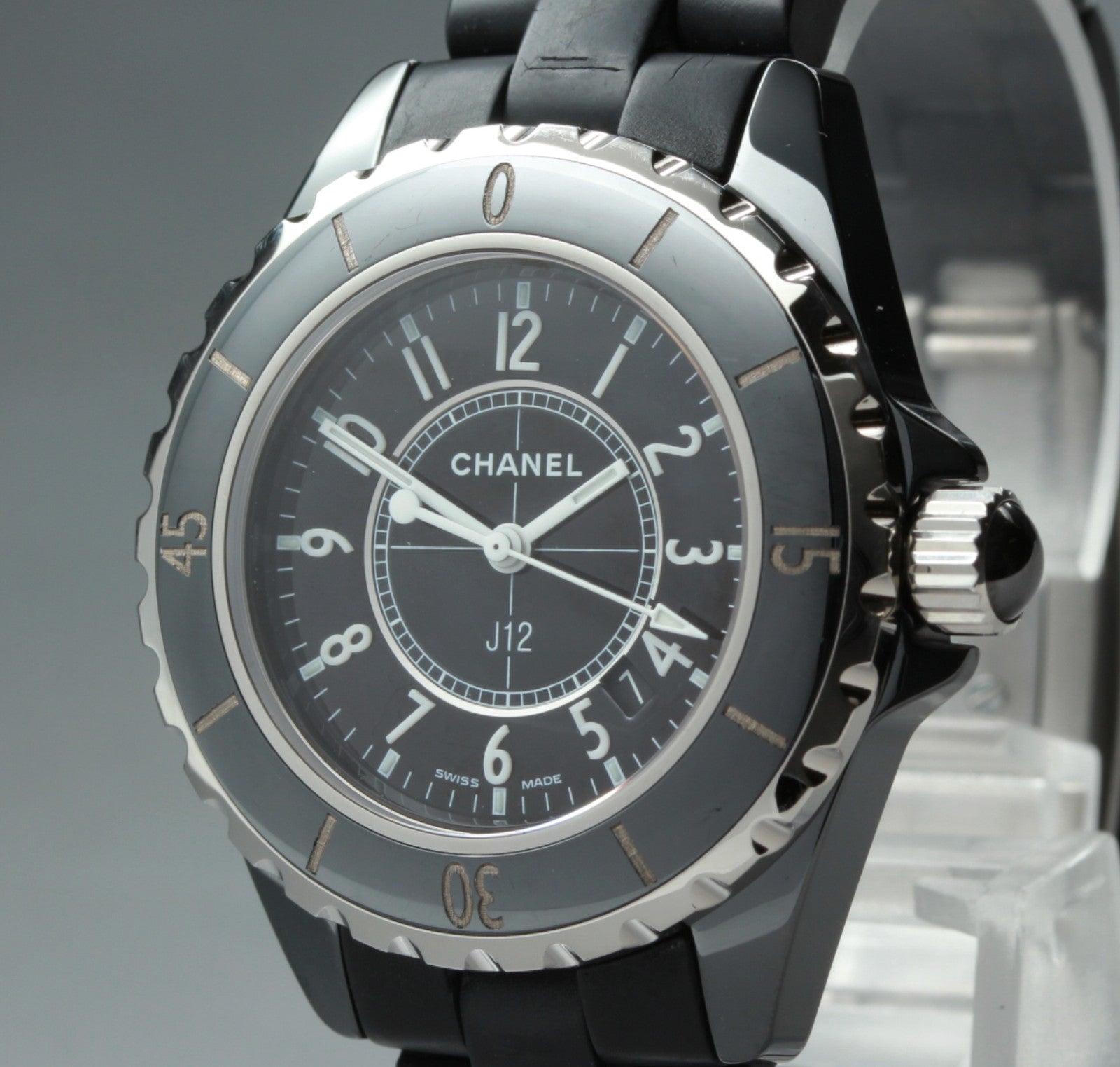 Overhauled Exc+5 Box CHANEL J12 H0681 Black Ceramic Rubber 33mm Qz Women’s Watch