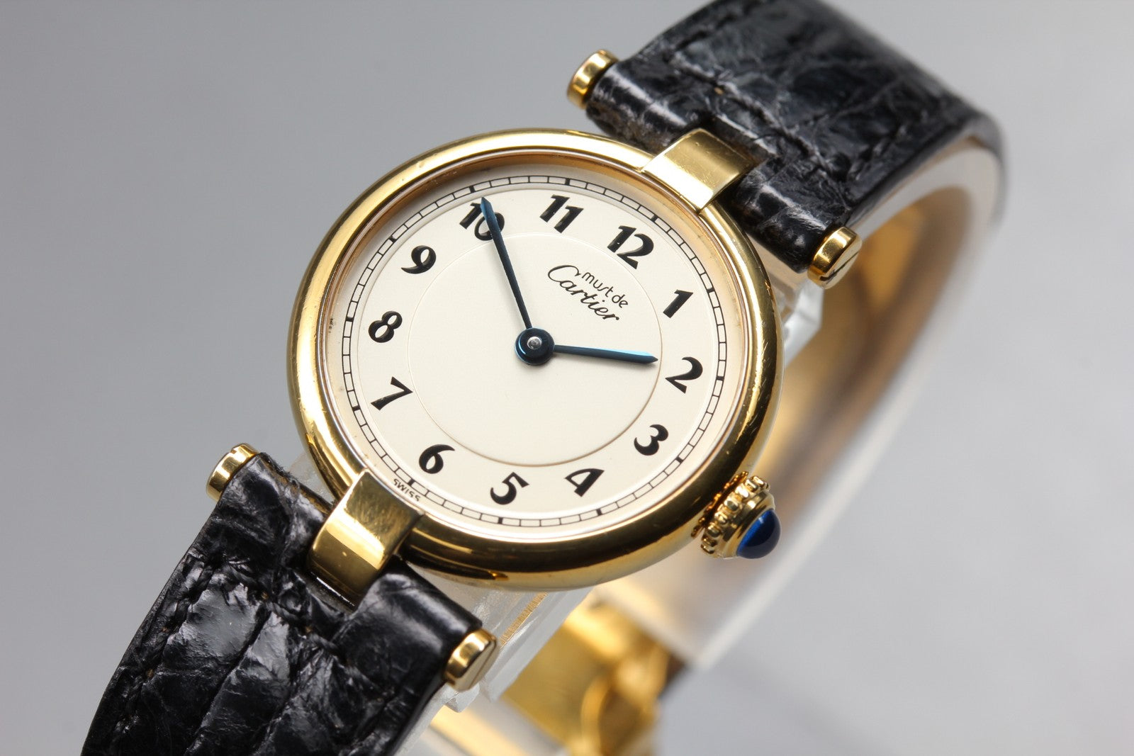 Vintage Cartier Must Vendome Vermeil 590004 Gold Black 24mm Women's Qz Watch