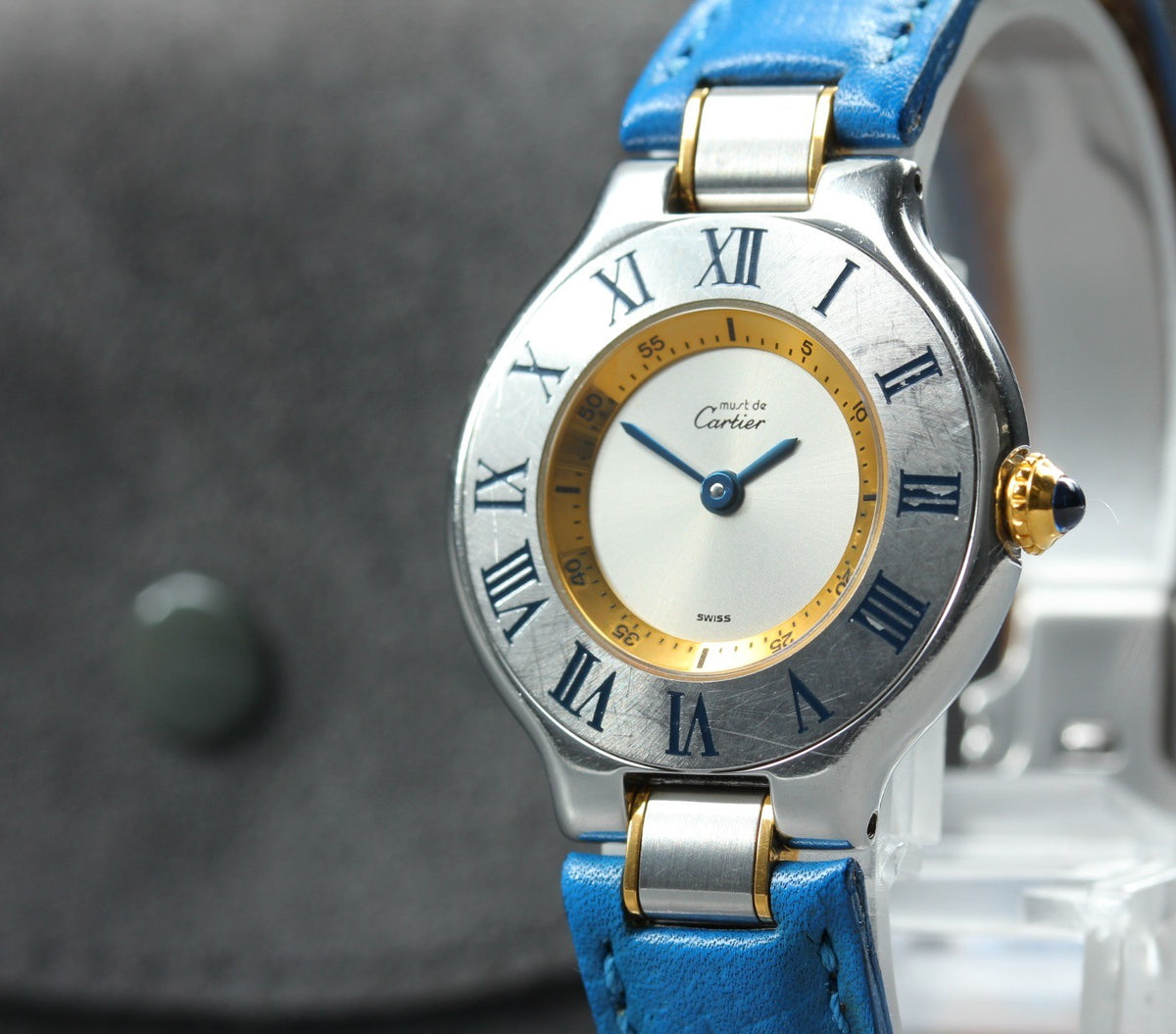 Cartier Must de Cartier 21 1340 Blue Silver 27mm Women's Qz Watch Vintage Pouch