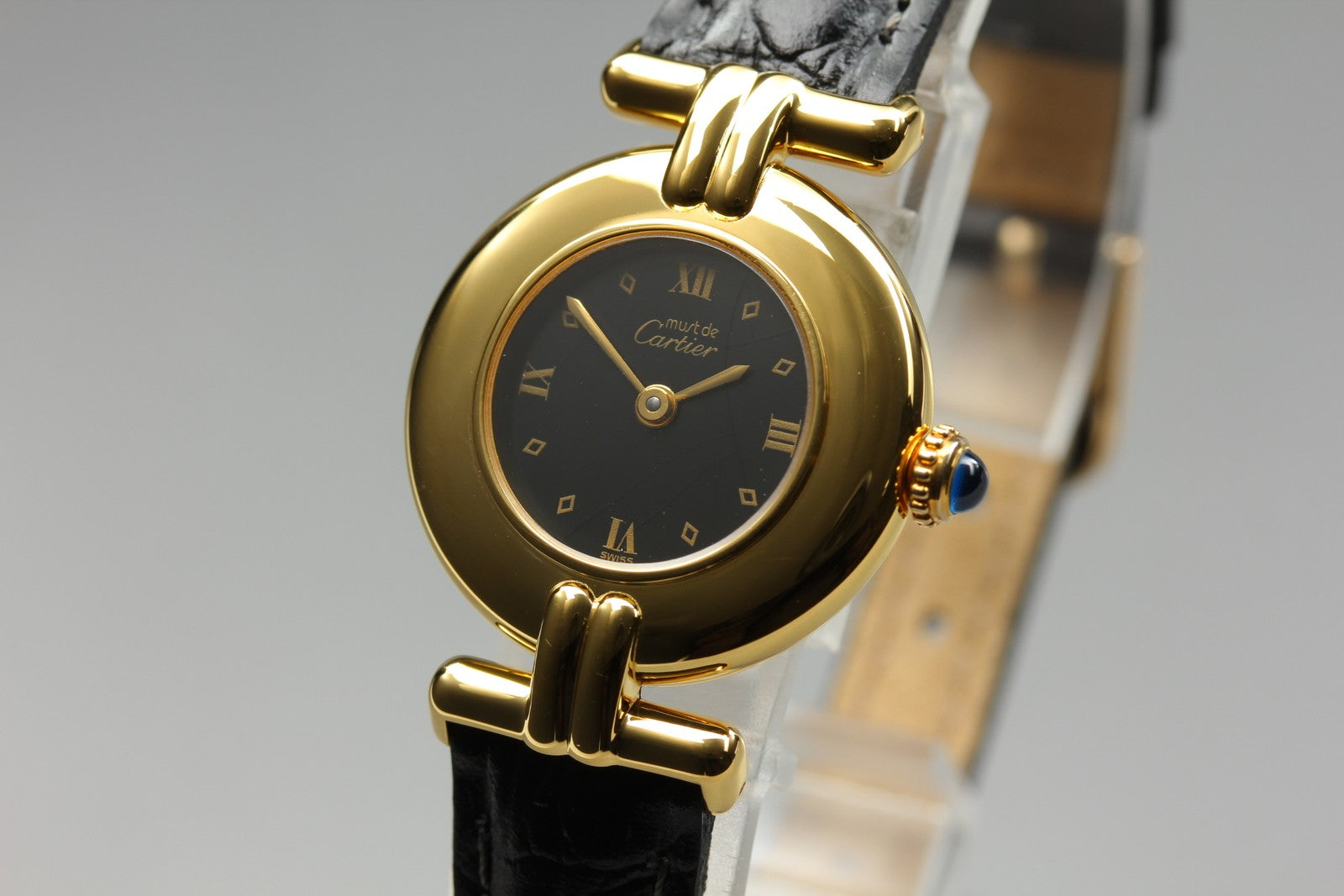Vintage Cartier Must Colisee Vermeil 590002 Black Dial Gold Women's Quartz Watch