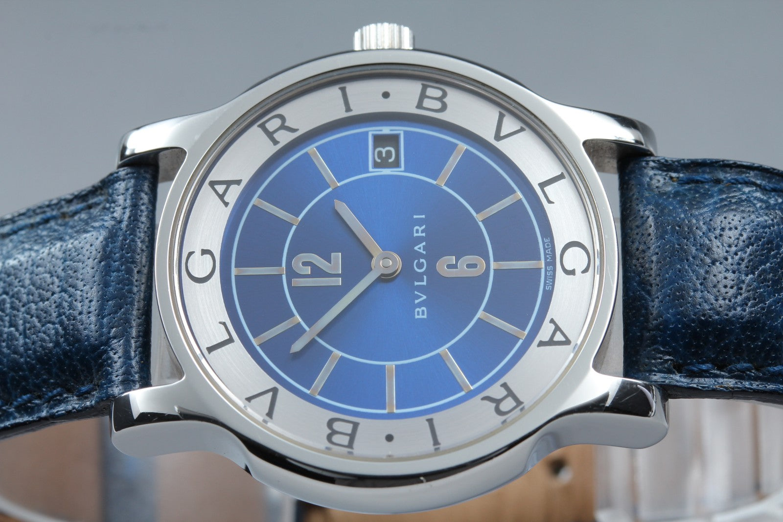 New Batt BVLGARI SOLOTEMPO ST35S Quartz Blue Men's Watch 35mm JAPAN Exc+5*Box