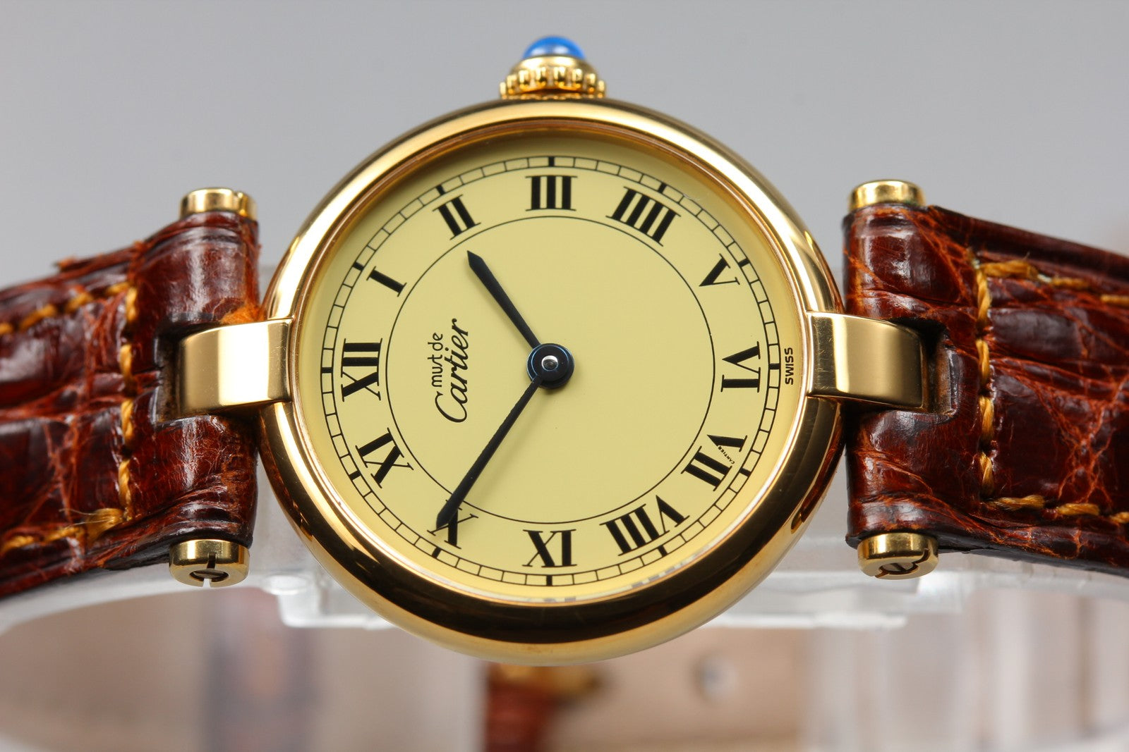 Vintage Cartier Must Vendome Vermeil 590004 Gold 23mm Brown Women's Qz Watch