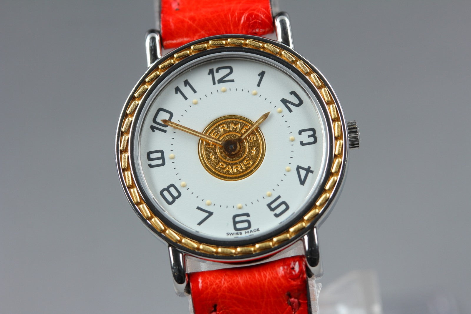 Vintage HERMES Sellier White Dial Red "T" 24mm Woman's Quartz Watch