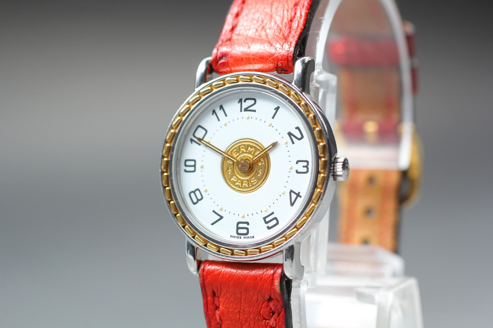 Vintage HERMES Sellier White Dial Red "T" 24mm Woman's Quartz Watch