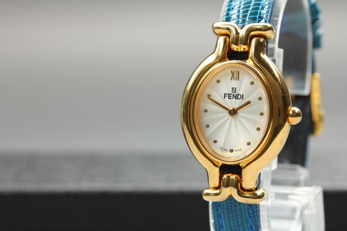 FENDI 640L Chameleon Blue Leather Belt Gold 24mm Women's Quartz Watch Vintage