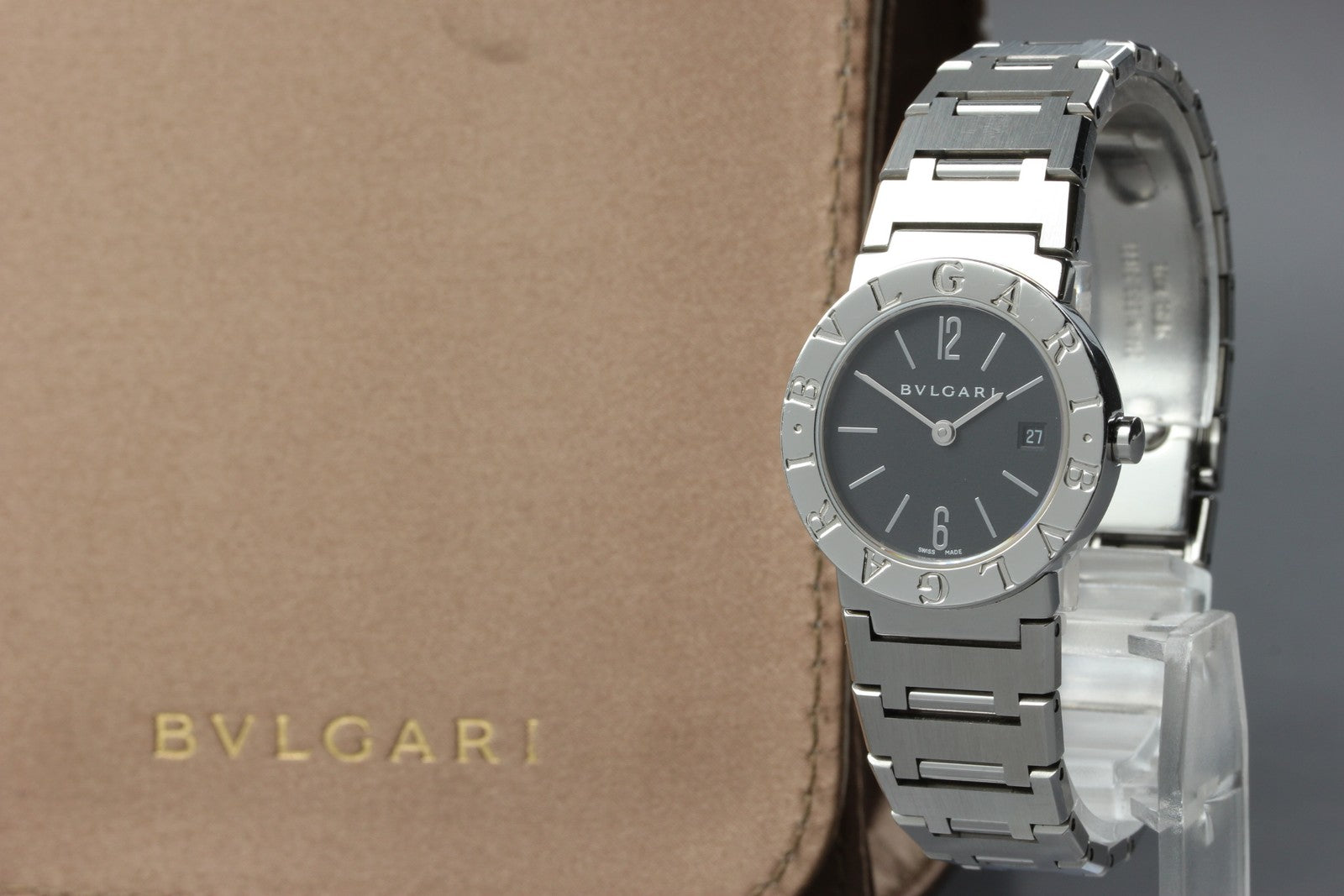 New Batt BVLGARI BB26SS Black Dial Quartz Date Women's Watch 26mm Used JAPAN