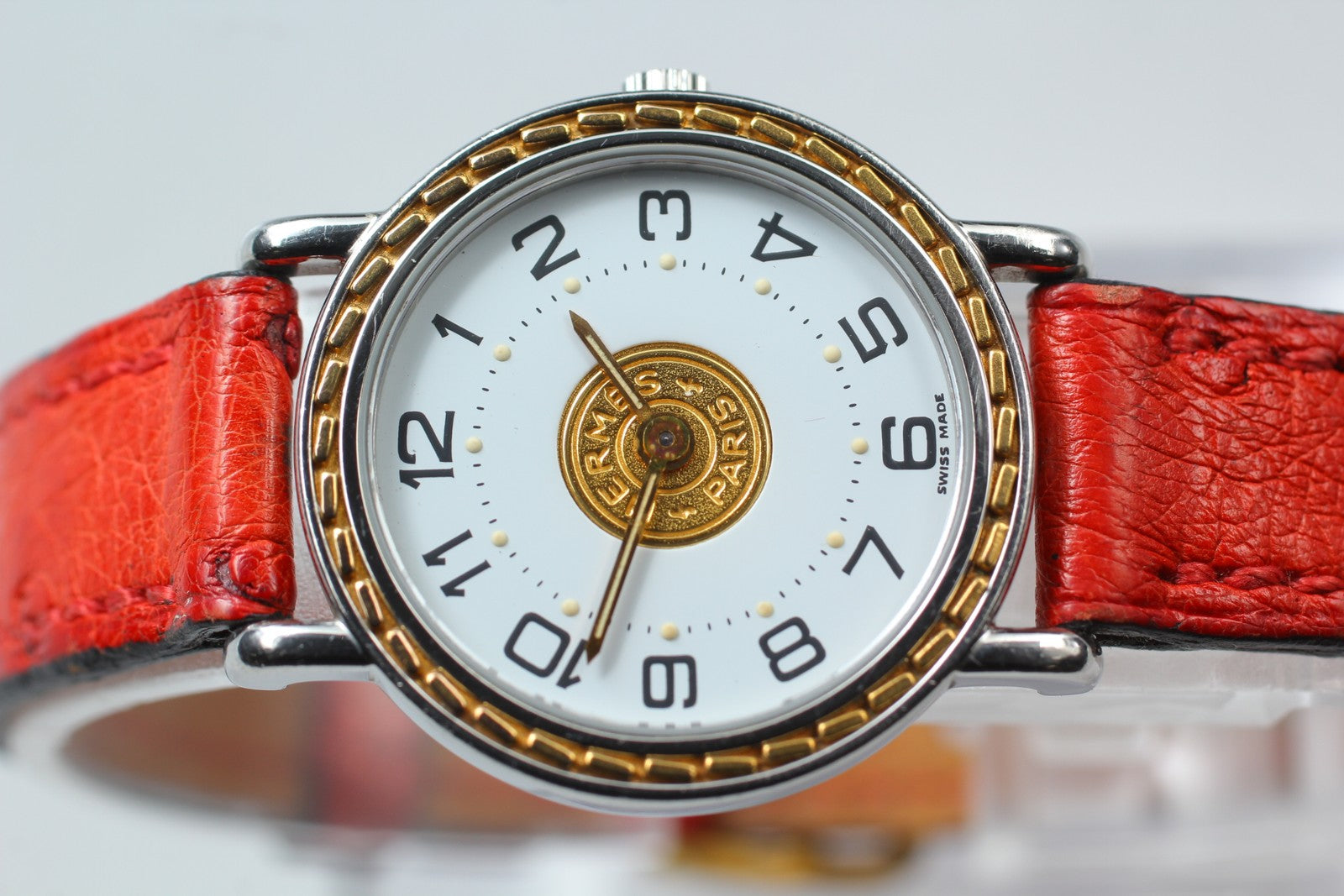 Vintage HERMES Sellier White Dial Red "T" 24mm Woman's Quartz Watch