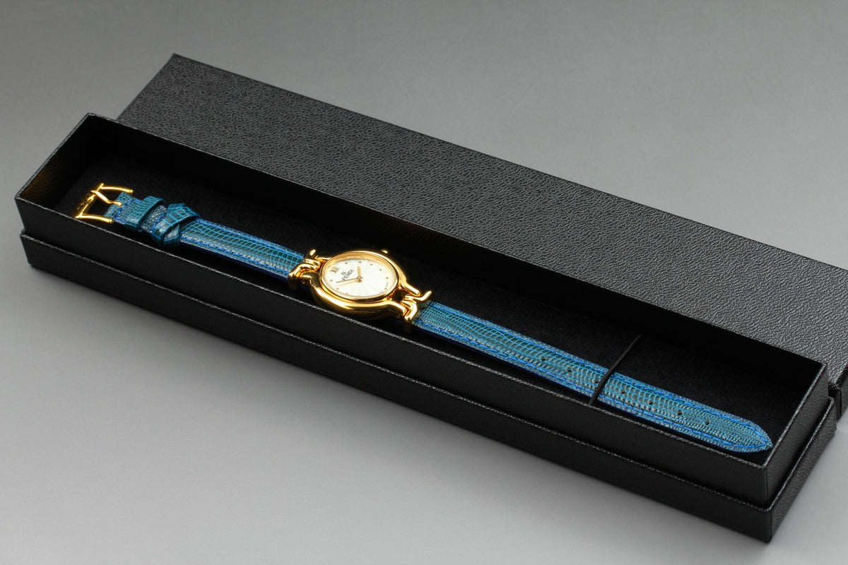 FENDI 640L Chameleon Blue Leather Belt Gold 24mm Women's Quartz Watch Vintage