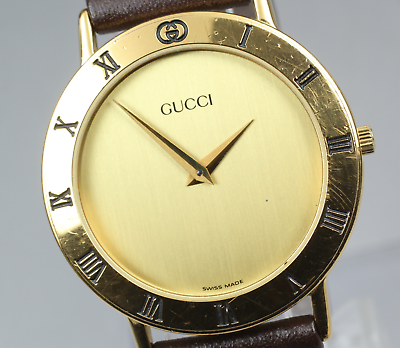 New Battery [Exc+5 Box] Gucci 3000.2.M Gold Brown Men's Quartz Watch Vintage JP