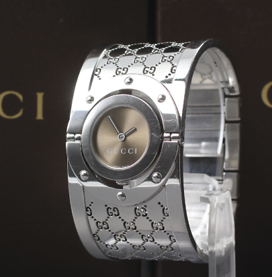 [Exc+5 w/Box] GUCCI 112 Twirl Bracelet Bangle Brown Woman's Quartz Watch JAPAN