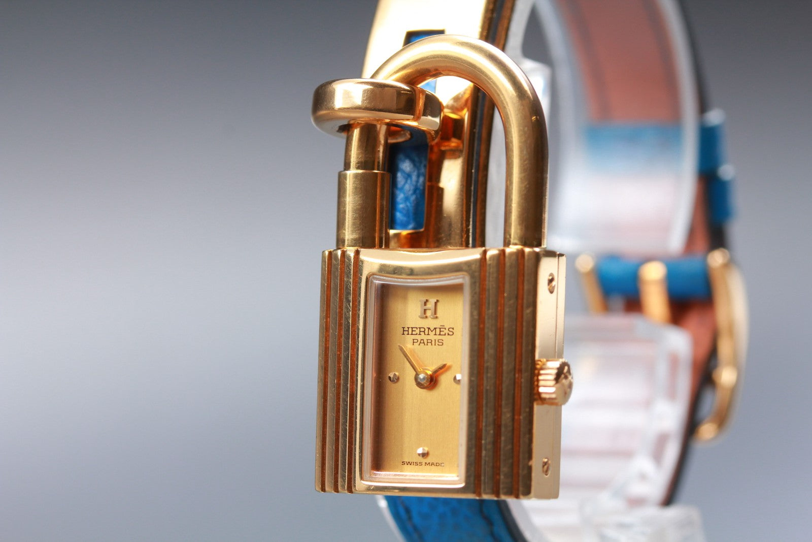 Overhauled [Exc+5] HERMES Kelly Watch Gold Dial Blue "W" Woman's Quartz Watch