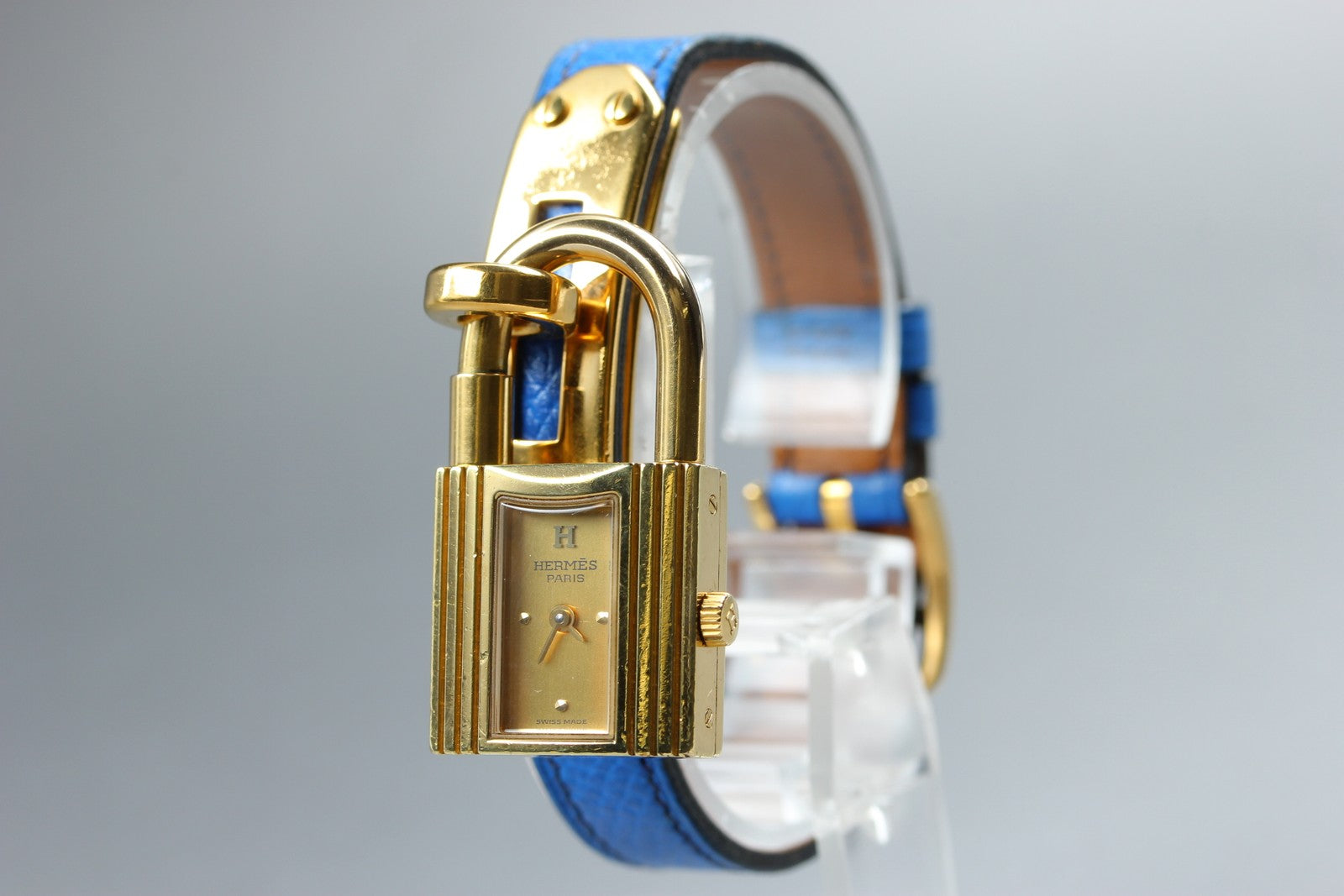 HERMES Kelly Watch Gold Dial Blue "U" 20mm Woman's Watch Quartz Vintage [w/Box]